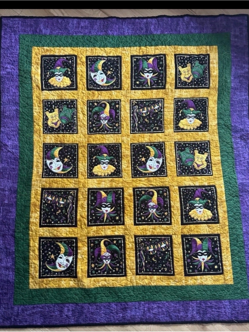 Mardi Gras Jester Patchwork Quilt - Purple, Green & Gold